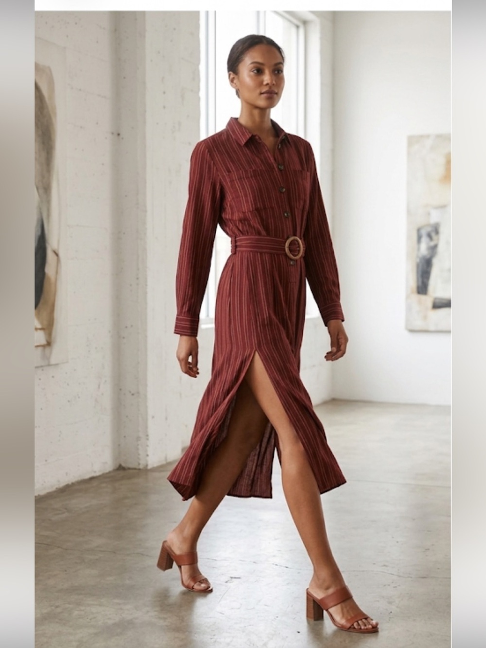 Free People Rust Red Striped Long-Sleeve Shirt Dress with Belt & two leg slit XS